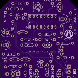 May include: A purple printed circuit board for the Ducky Comp v2.4 guitar pedal. The board features labelled component placements including resistors R1 through R17, capacitors C1 through C10, transistors Q1 through Q5, and an IC1 socket. Text includes OTRFX.