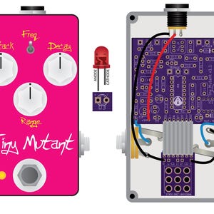 May include: A pink guitar effects pedal labeled Tiny Mutant with three white knobs for Attack, Decay, and Range, a toggle switch, and a footswitch. Beside it is a red LED and an internal view of the purple circuit board with wiring.