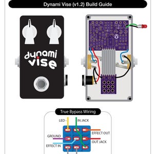 May include: A black Dynami Vise (v1.2) guitar effects pedal build guide. The guide shows the pedal's exterior, internal components, and true bypass wiring instructions. The text "ON THE ROAD EFFECTS" is at the top of the page.