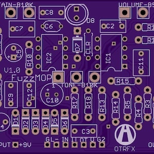 May include: A purple printed circuit board with electronic components, including resistors, capacitors, and integrated circuits. The board features the text "FuzzMOP" and "OTREX".