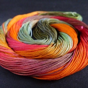 May include: A spool of colourful embroidery floss in shades of red, orange, green, and brown.