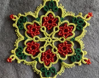 Amelia tatted beaded snowflake AlenAleaDesign tutorial and pattern, Frivolite Christmas snowflake, shuttle, digital