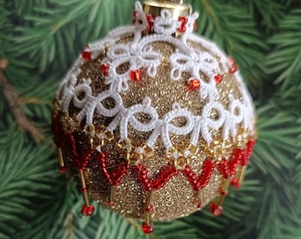 Laura bauble by AlenAleaDesign, Tatted Christmas Bauble PDF Pattern ,Beaded Shuttle Tatting Ornament, Holiday DIY Craft Tutorial