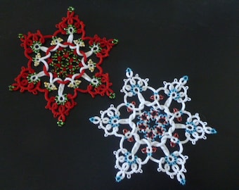 Mia tatted and beaded snowflake pattern, AlenAleaDesign,  pattern and tutorial, Tatted Christmas pattern, shuttle tatting, digital pattern