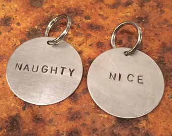 Naughty and Nice dog tags - cat tags - funny, unique, hand-stamped pet tags - Christmas dog tags - cat tags or keychains - gift for dogs