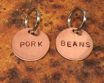 Pork n' Beans dog tags - cat tags - funny unique hand-stamped SET OF TWO pet tags - aluminum, brass, copper - gift for dogs - gifts for cats