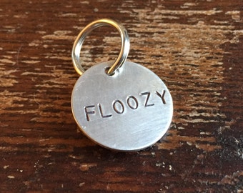 Floozy dog tag - cat tag - funny, unique, hand-stamped keychain - necklace - small and large - aluminum, brass, copper - gift for pet