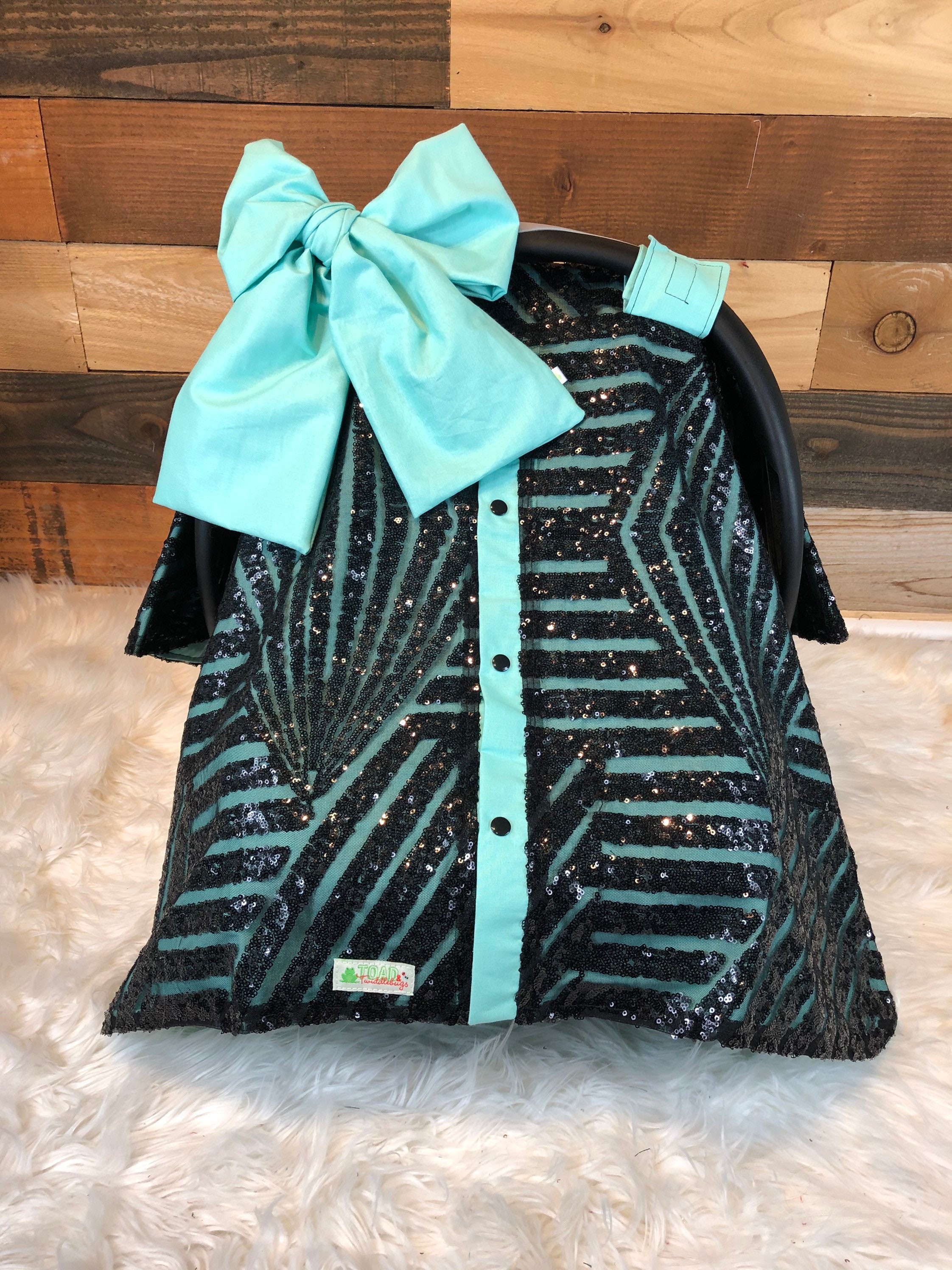 sequin car seat canopy/car seat cover/black geometric with mint lining