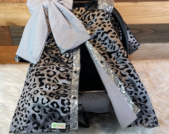 Leopard Sequin Baby Car Seat Canopy: Flocked Print, Gray Lining