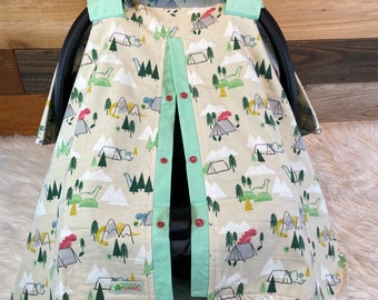 Dinosaur Car Seat Canopy: Camping Theme, Sea Foam Green Accents