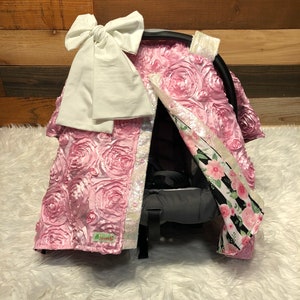 Pink Rosette Baby Car Seat Canopy: Floral Print Lining
