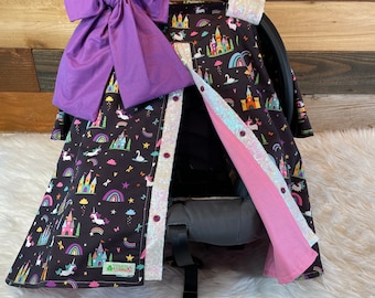 Unicorn Car Seat Canopy: Rainbow Castle Print, Sequin Accents