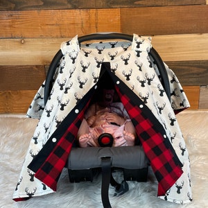 Baby car seat cover-Buffalo plaid car seat canopy/car seat cover/deer head/stag