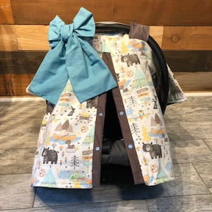Baby car seat cover-Boy car seat canopy/car seat cover/brown bear/woodland/teepees
