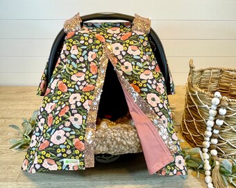 Floral Baby Car Seat Canopy: Blush Lining, Rose Gold Sequins
