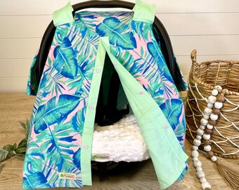 Tropical Leaf Baby Car Seat Canopy: Pink & Mint Green Cover