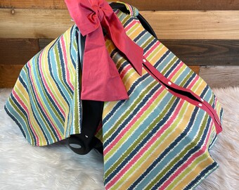 Striped Baby Carseat Canopy: Pink Lining, Weather Protection