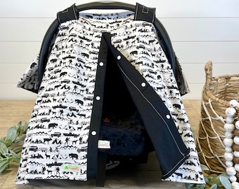 Adventure Baby Car Seat Canopy: Black Print, Convertible Nursing Cover