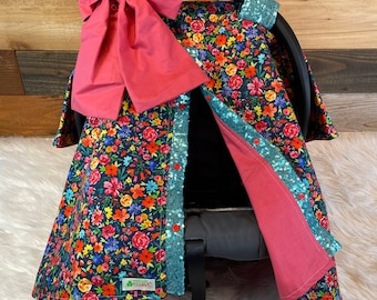 Floral Car Seat Canopy: Pink Lining, Turquoise Sequin Accents