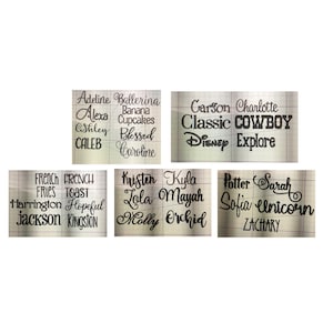 May include: A sheet of black vinyl lettering with a variety of names, words, and phrases. The names include Adeline, Alexa, Ashley, Caleb, Carson, Charlotte, Classic, Disney, Explore, French Fries, French Toast, Harrington, Jackson, Kingston, Kristen, Kyla, Lola, Mayah, Molly, Orchid, Potter, Sarah, Sofia, Unicorn, and Zachary.