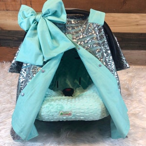 Silver geometric sequin and mint green car seat canopy/car seat cover/baby car seat cover