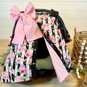 Girl Car Seat Cover: Roses and Stripes, Black Sparkle