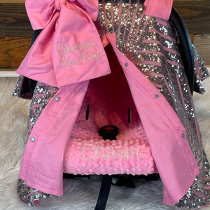 Sequin carseat canopy/car seat cover/silver geometric sequin with rose pink/baby car seat cover