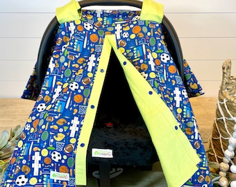 Sports Baby Car Seat Canopy: Football, Soccer, Basketball Theme