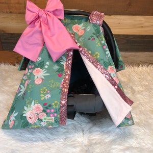 Floral Baby Car Seat Canopy: Rose Gold Sparkle Cover