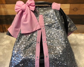 Sparkle Sequin Car Seat Canopy: Silver Sequins, Pink Lining