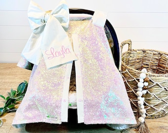 sequin car seat canopy/car seat cover/iridescent sequin and white