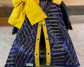 Sequin Baby Car Seat Canopy: Navy Geometric Cutouts, Yellow Lining