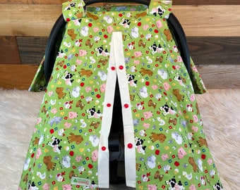 Farm Animal Car Seat Canopy: Green Baby Carseat Cover