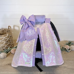 Sequin car seat canopy/car seat cover/iridescent with lavender