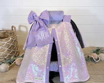 Sequin car seat canopy/car seat cover/iridescent with lavender