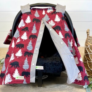 Woodland baby cover/car seat canopy/bears and pine trees baby cover
