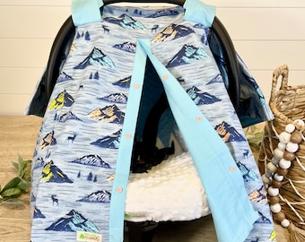 Mountains Baby Car Seat Canopy: Adventure Awaits, Sky Blue Lining