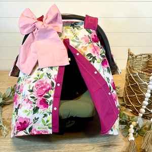 Floral Baby Car Seat Canopy: Fuchsia Pink Accents