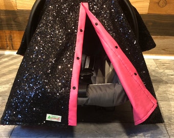 Sequin Car Seat Canopy: Black Sequin with Hot Pink Accents
