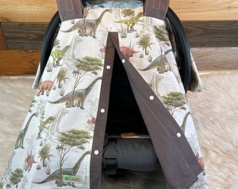 Dinosaur Print Baby Car Seat Canopy: Earthy Tones, Steel Gray Lining