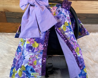 Purple sparkle and flower baby cover/car seat canopy/seat cover