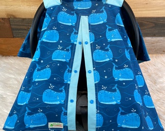 Whale Car Seat Canopy: Blue Baby Cover with Snaps