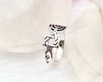 Messianic Ring, Star of David Ring, Menorah Fish Ring 925 Sterling Silver, Jewish Christian Jewelry