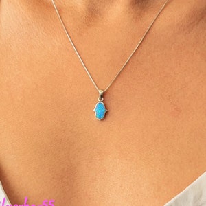 Blue Opal Hamsa Pendant Necklace: 925 Sterling Silver Kabbalah Jewelry