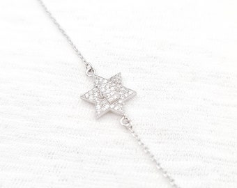 Sterling Silver Star of David Bracelet, CZ Crystal Jewish Judaica Jewelry