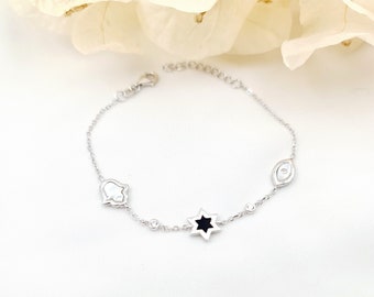 スターリングシルバーのオニキス製ダビデの星のブレスレット：マザーオブパールのハムサの邪眼