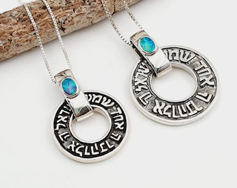 Opal Shema Israel Pendant Necklace 925 Sterling Silver, Jewish Kabbalah Judaica Jewelry, Hebrew Prayer