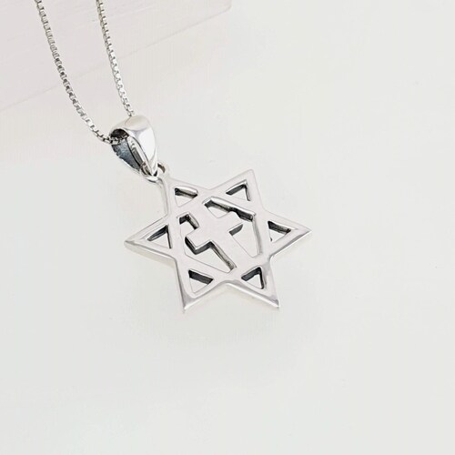 Men's Messianic Necklace – Sterling Silver Star Of David With Cross, 24 Inch Chain, Made In Israel