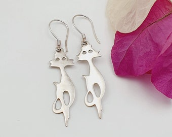 Sterling Silver Cat Dangle Earrings: Modern Kitten Jewelry