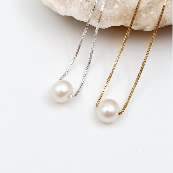 Single Pearl Necklace, White Pearl Silver Necklace, Bridesmaid Gift, Floating Pearl Necklace, Fresh Water Pearl Gold Necklace